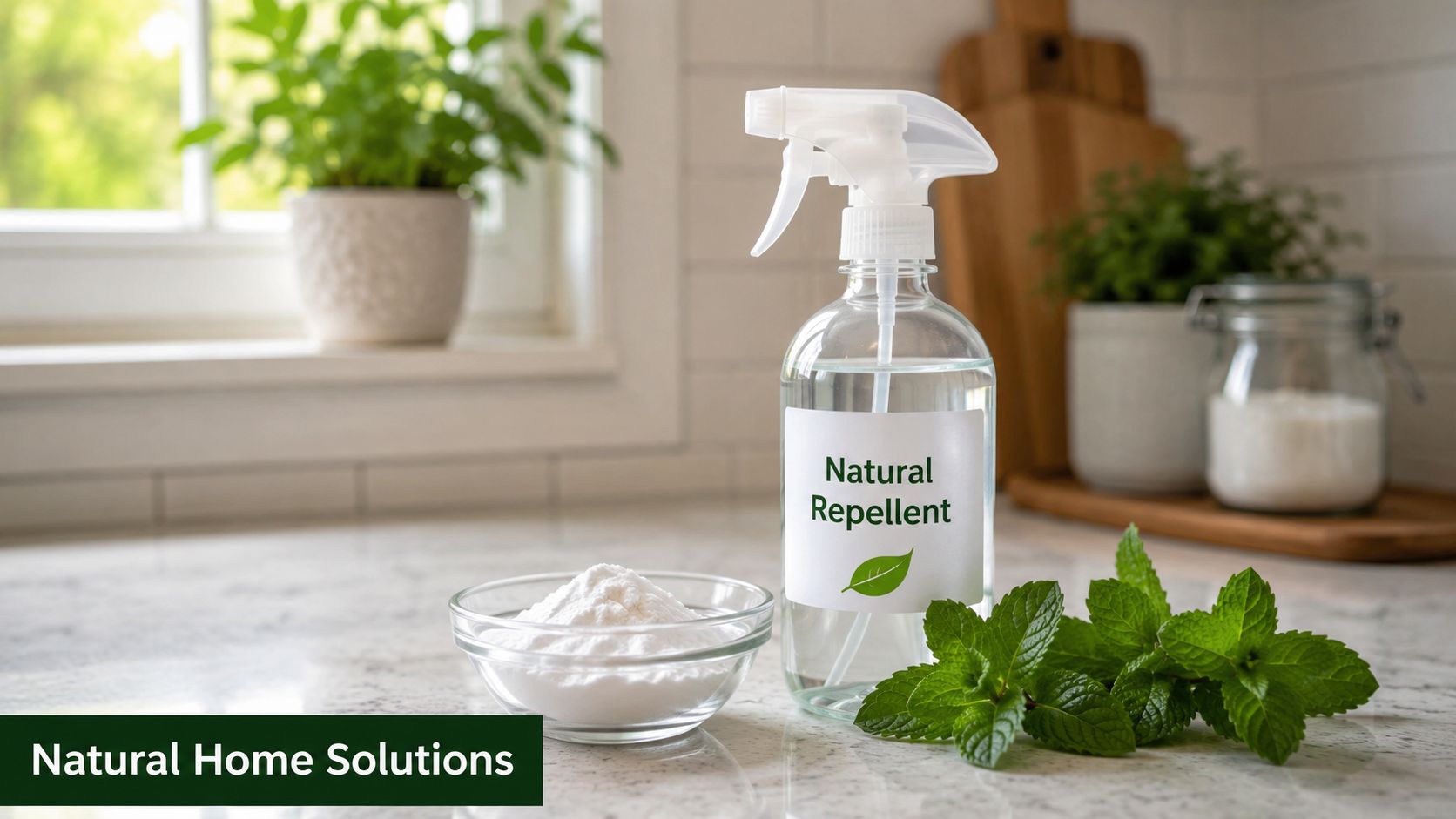 A glass spray bottle labeled Natural Repellent with a bowl of powder and fresh mint leaves on a counter.
