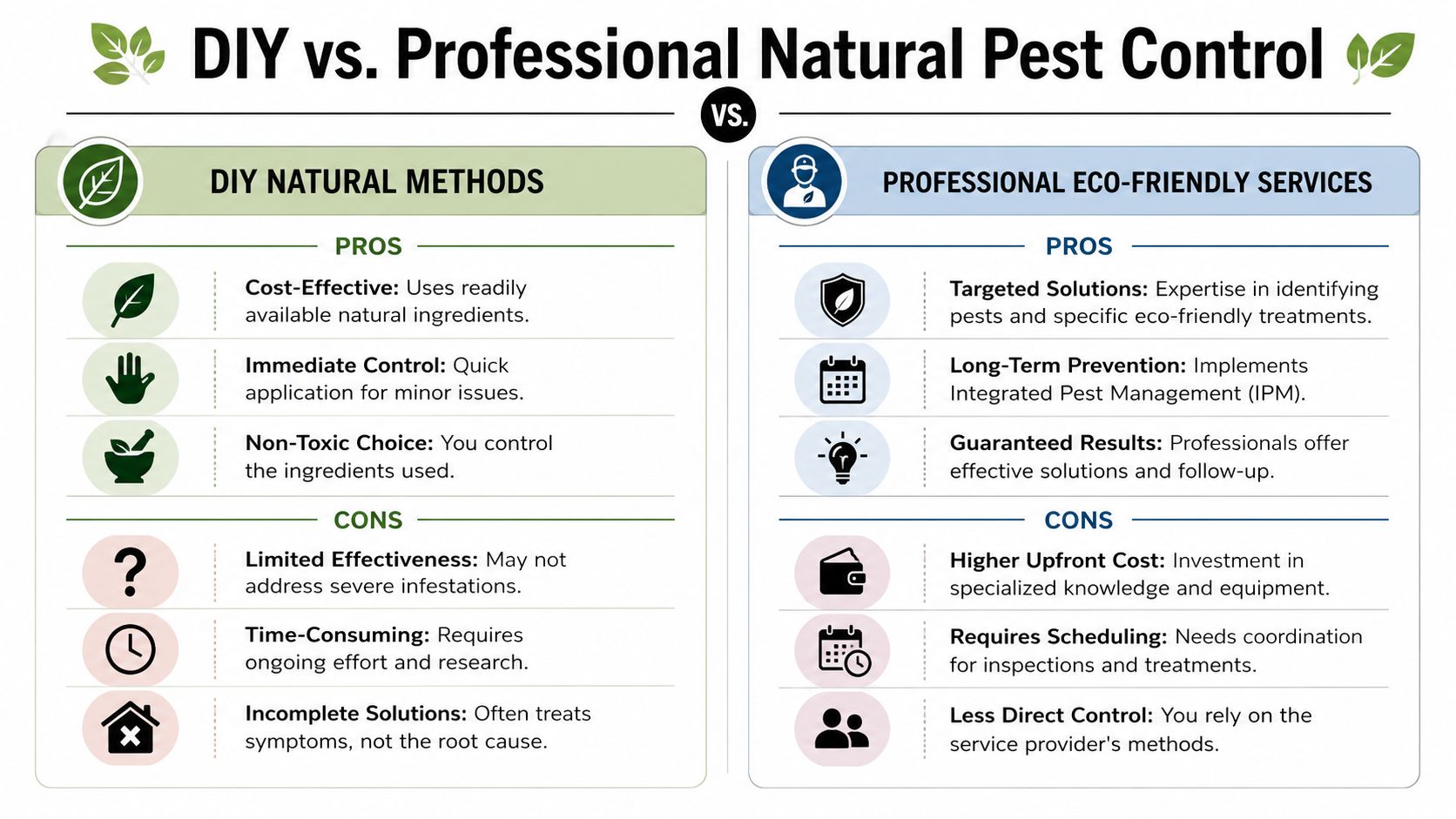 A comparison chart outlining the pros and cons of DIY natural pest control versus professional eco-friendly services.