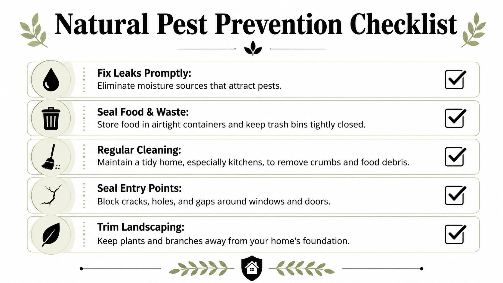 A checklist illustrating five natural pest prevention tips for maintaining a clean and pest-free home environment.