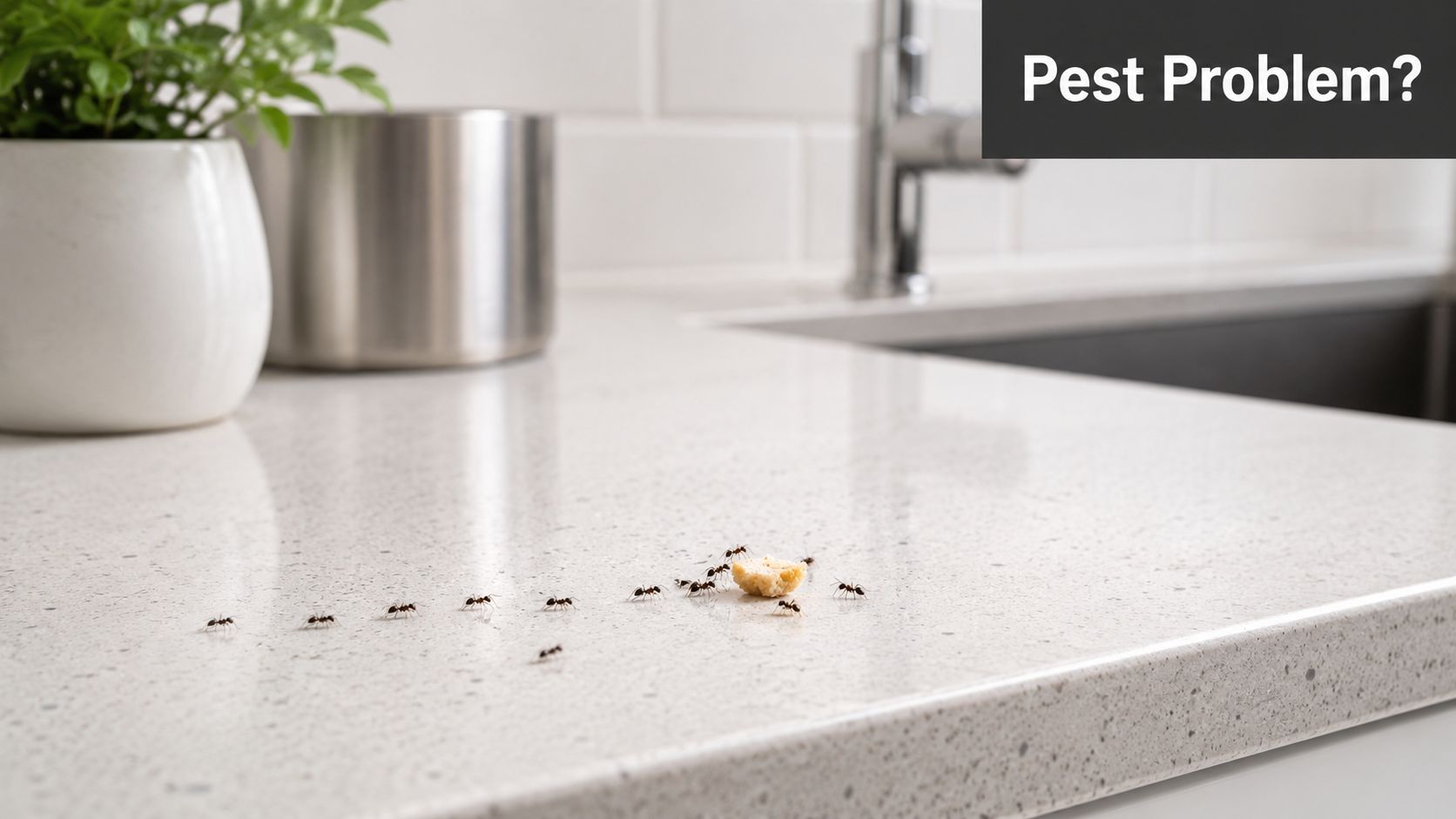 A trail of small black ants crawling across a kitchen countertop towards a piece of food.