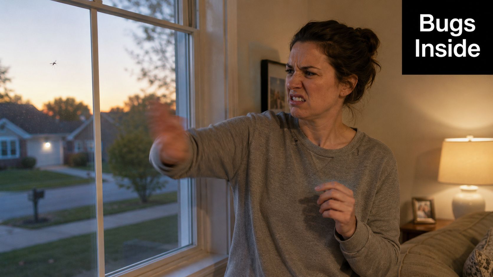 A woman with a disgusted expression swatting at a mosquito buzzing near her living room window.