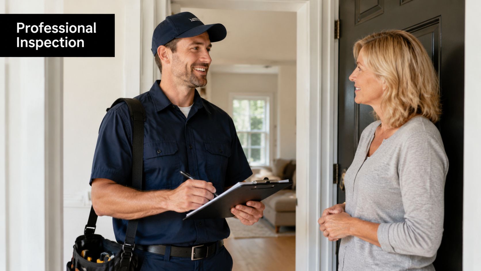 A professional home inspector in uniform talking to a smiling homeowner while writing on a clipboard.