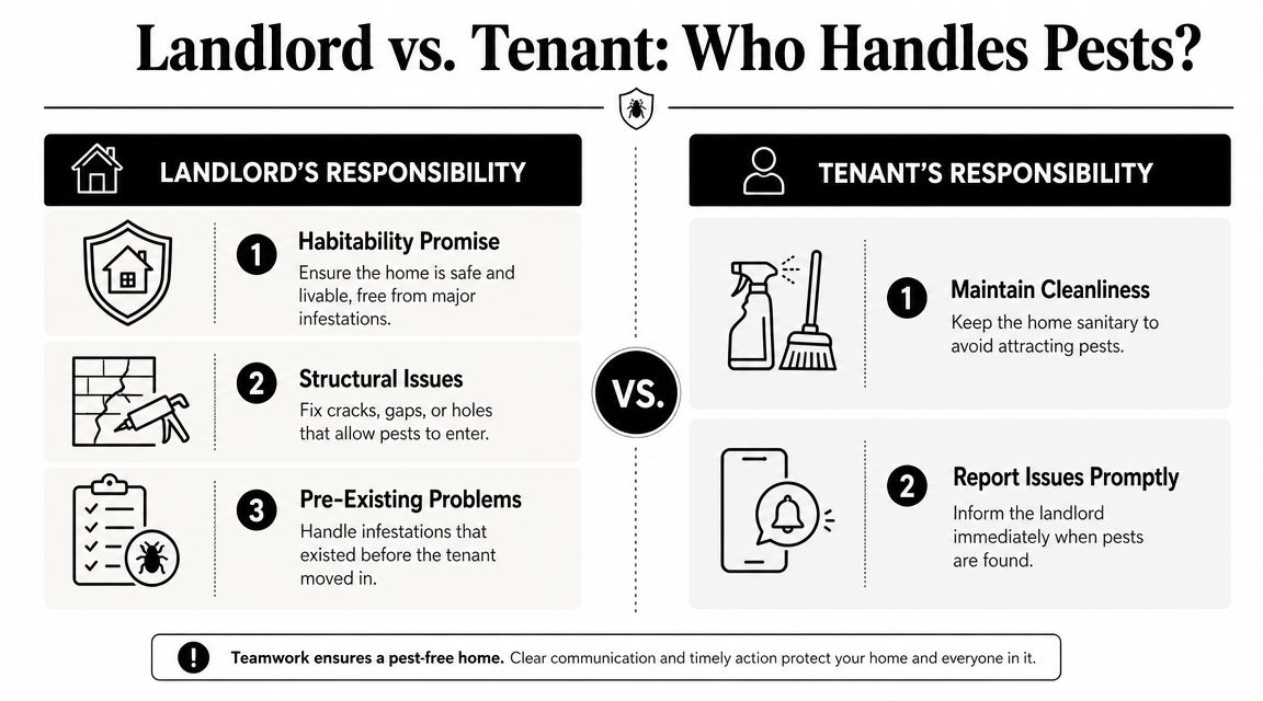 An infographic showing the division of responsibilities for pest control between a landlord and a tenant.