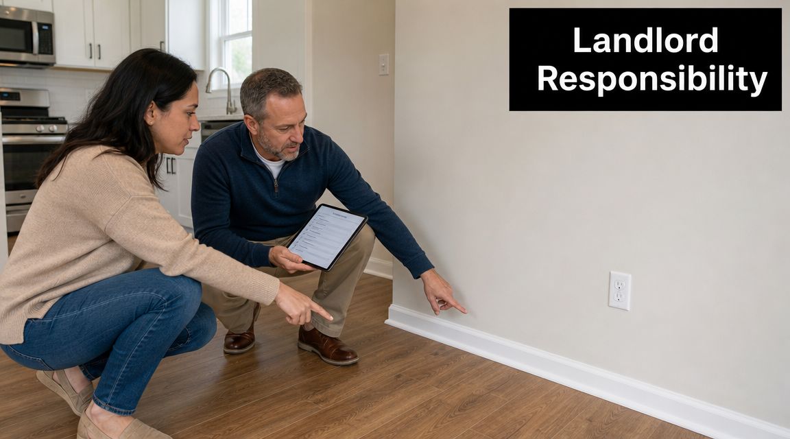 A landlord and tenant inspecting an empty apartment interior during a professional property walkthrough inspection.