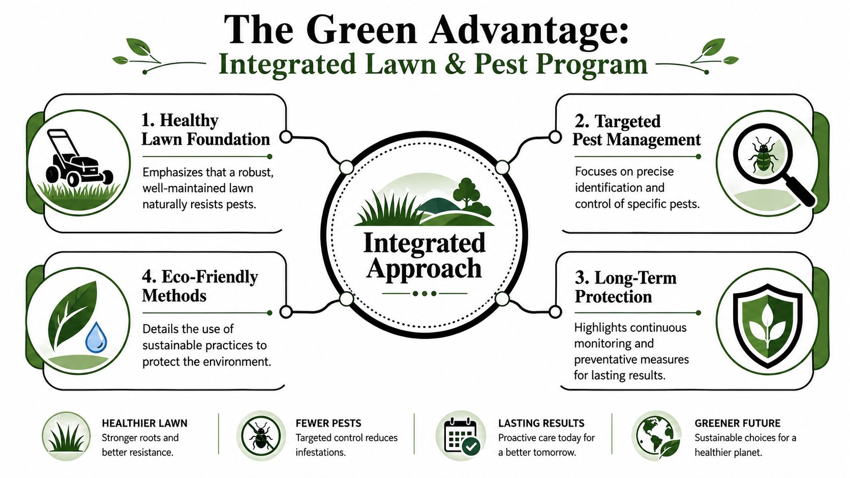 An infographic detailing the four key steps of an integrated lawn and pest control management program.