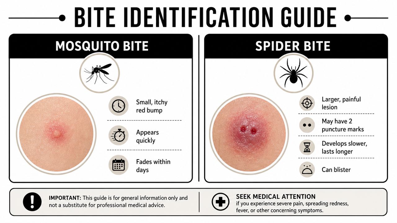 A medical infographic comparing the physical appearance and characteristics of a mosquito bite versus a spider bite.