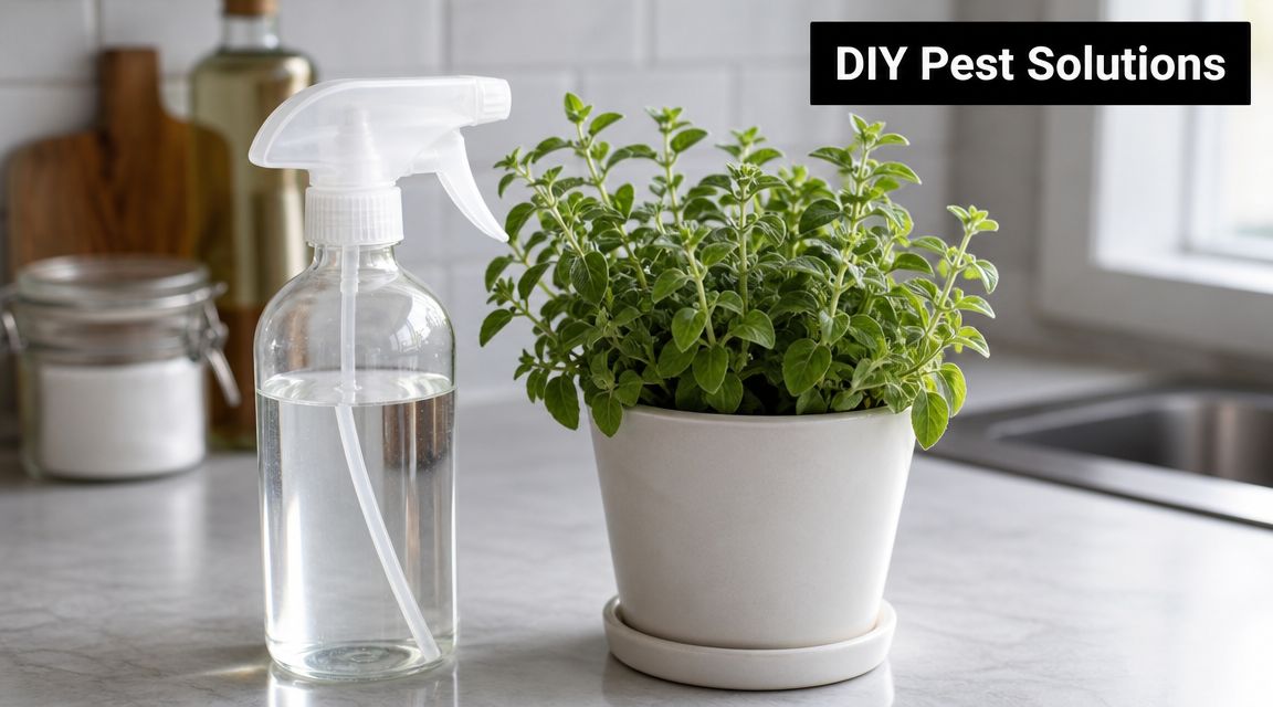 A glass spray bottle sits next to a potted green plant on a kitchen counter.