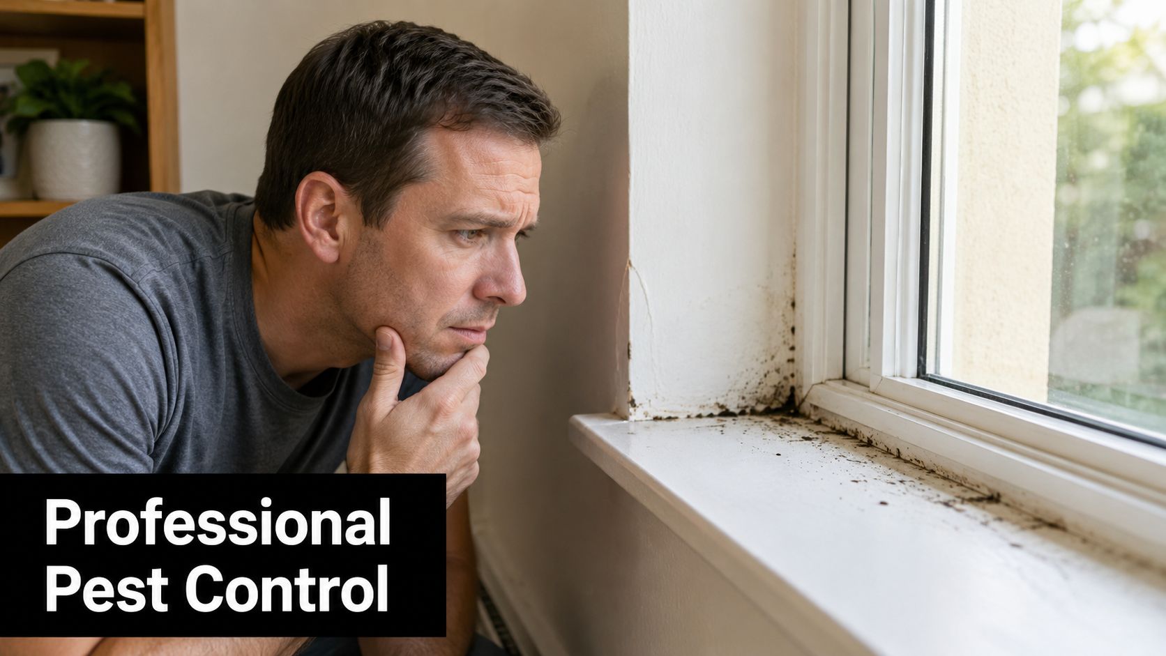 A concerned man looking closely at mold or pest droppings accumulating on his indoor window sill.