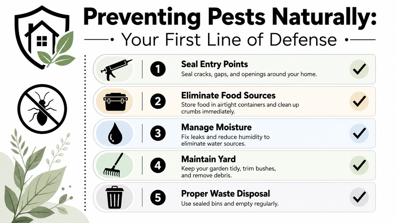 A five-step guide infographic for natural pest control for home illustrating ways to prevent household infestations.