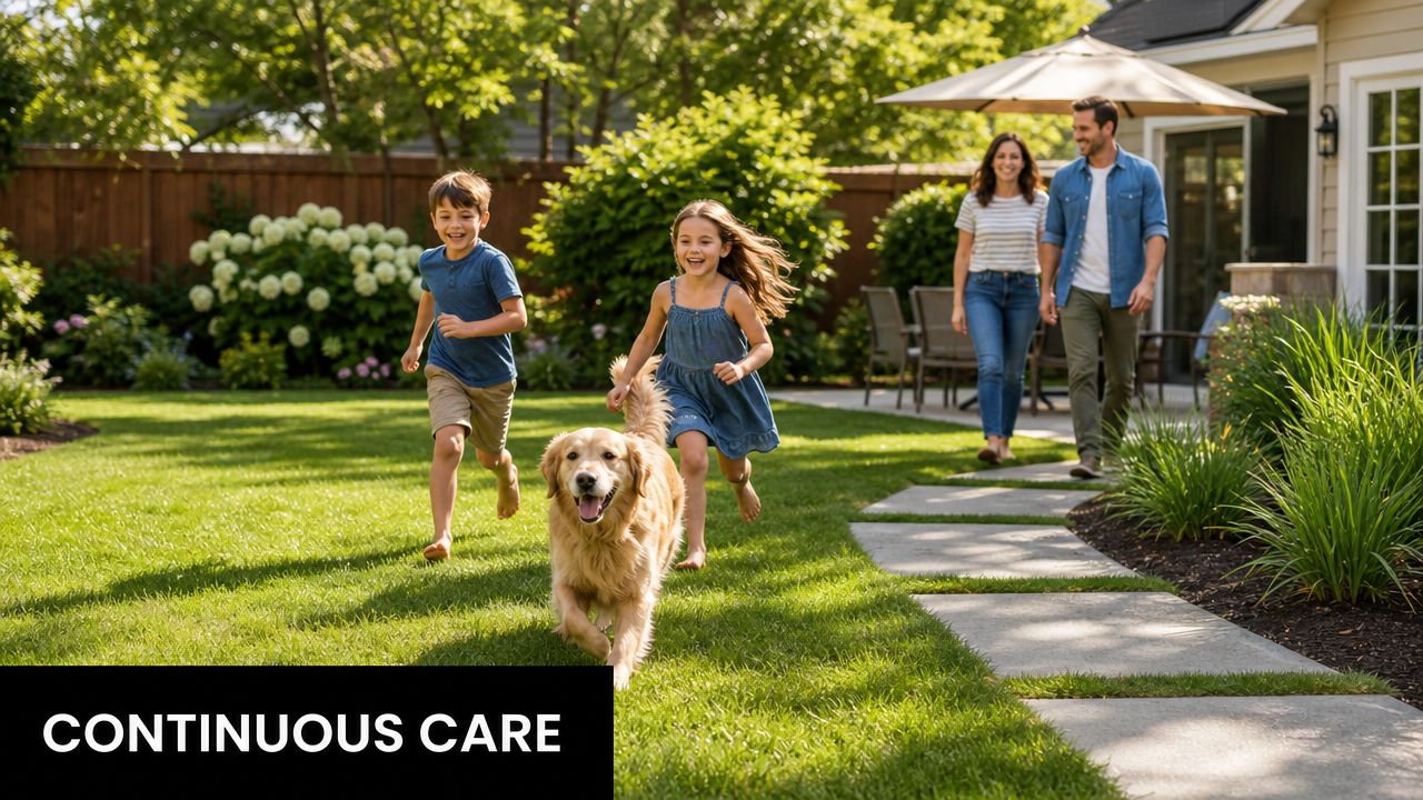 A happy family and their golden retriever running through a lush green backyard on a sunny day.