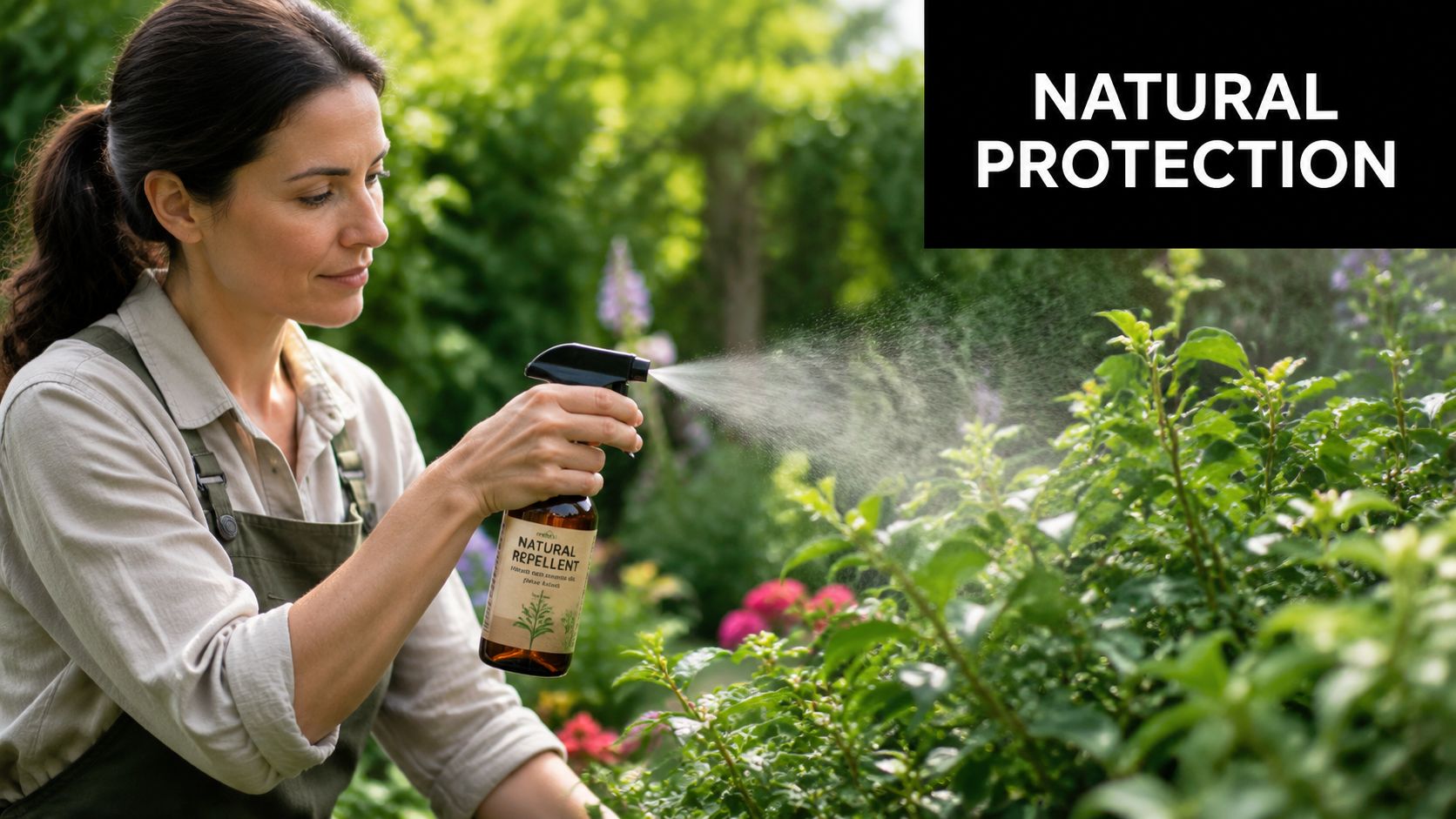 A woman sprays a natural repellent on green plants in a lush garden, providing organic protection.