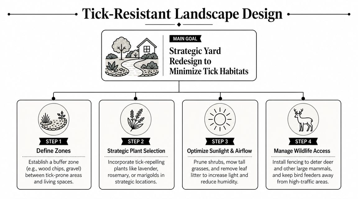 An infographic showing four steps for a tick-resistant landscape design to minimize tick habitats in yards.