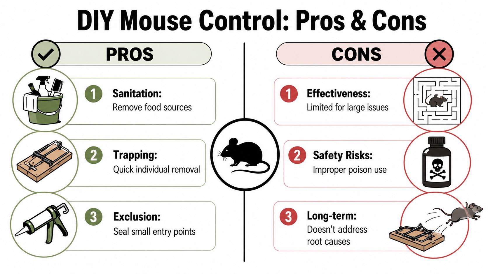 An infographic comparing the pros and cons of DIY pest control methods for managing mice infestations.
