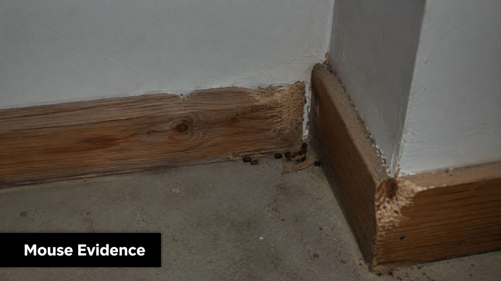 A close-up view of wooden baseboards showing signs of rodent chewing damage and small droppings on the floor.