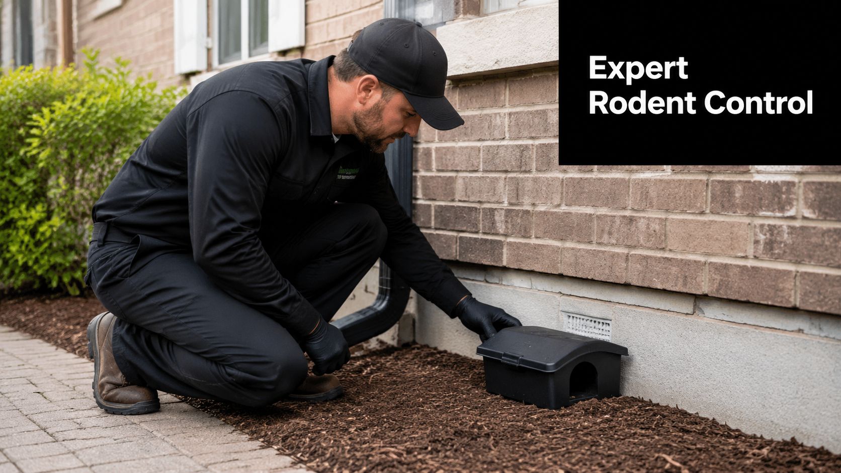 A professional pest control technician wearing black uniform and gloves sets a rodent bait station outdoors.