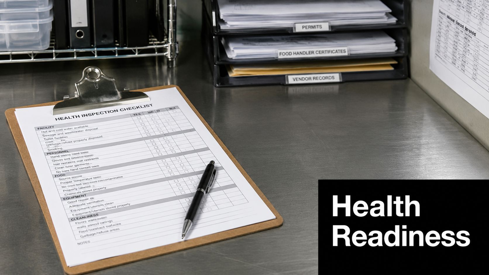 A health inspection checklist on a clipboard with a pen on a stainless steel restaurant counter.