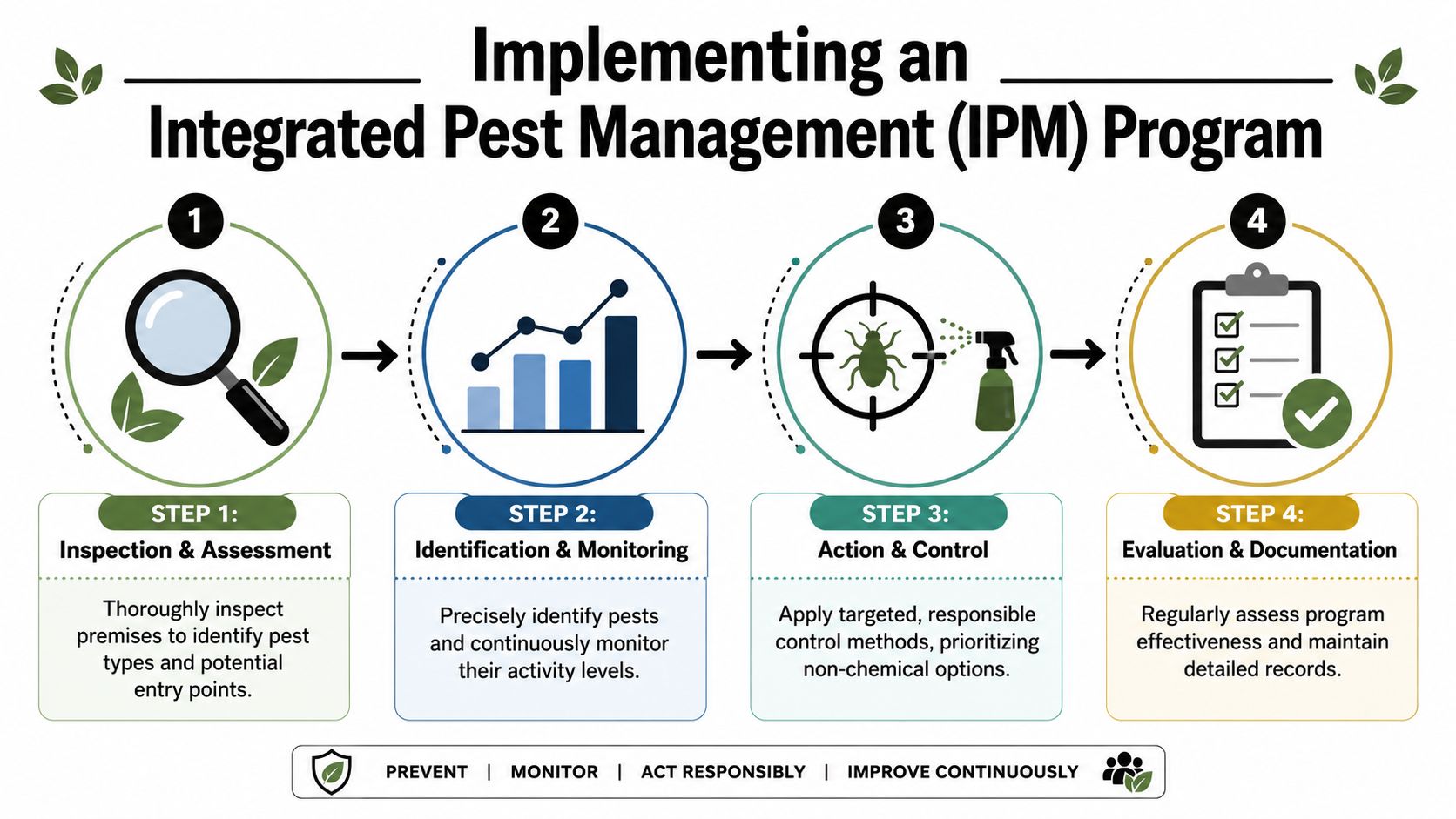 A four-step infographic illustrating an Integrated Pest Management program for identifying, monitoring, controlling, and documenting pests.