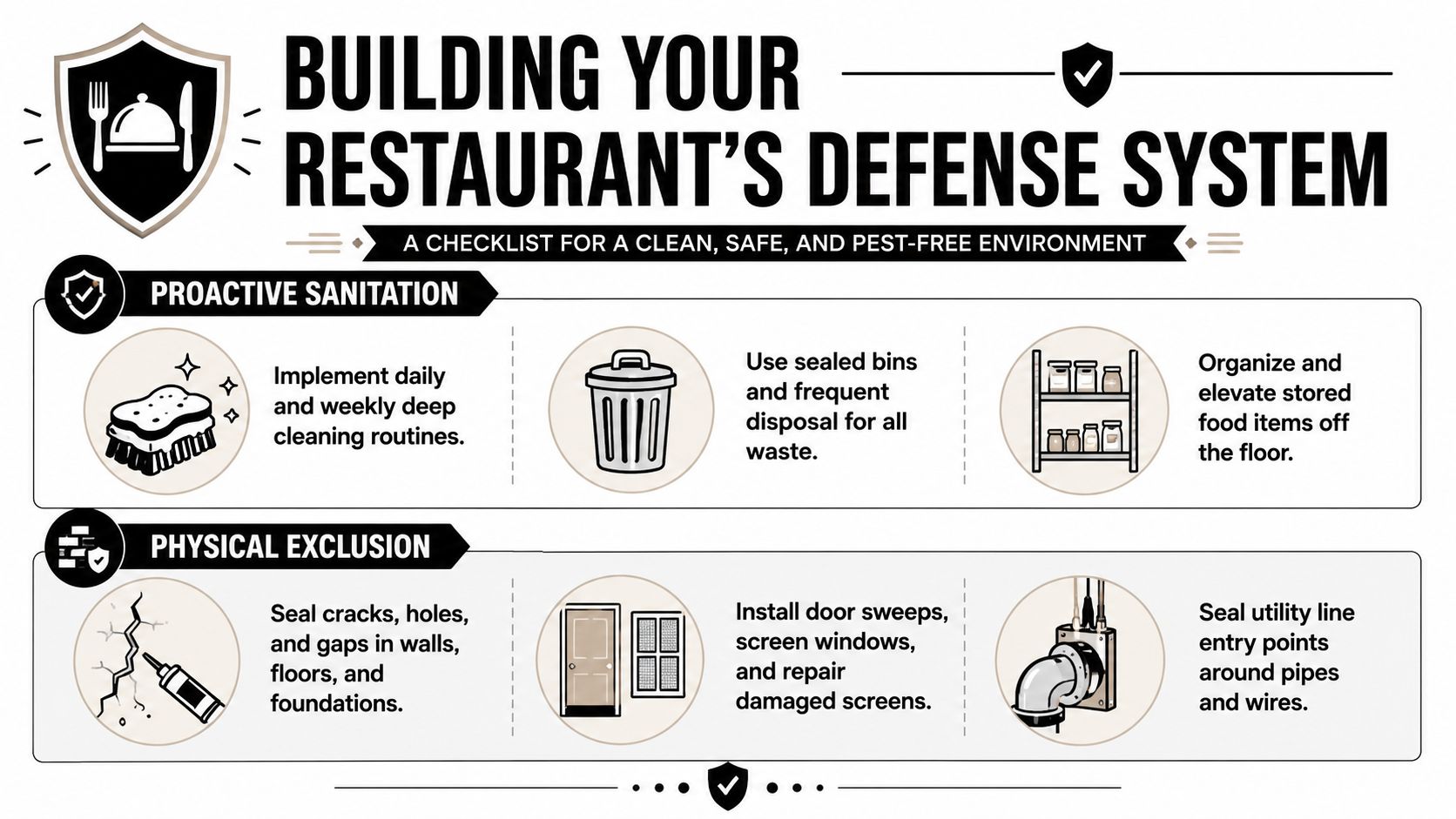 An infographic detailing proactive sanitation and physical exclusion steps for maintaining a pest-free restaurant environment.
