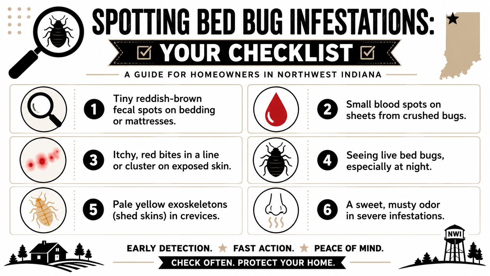 A checklist for homeowners in Northwest Indiana on how to spot a potential bed bug infestation.