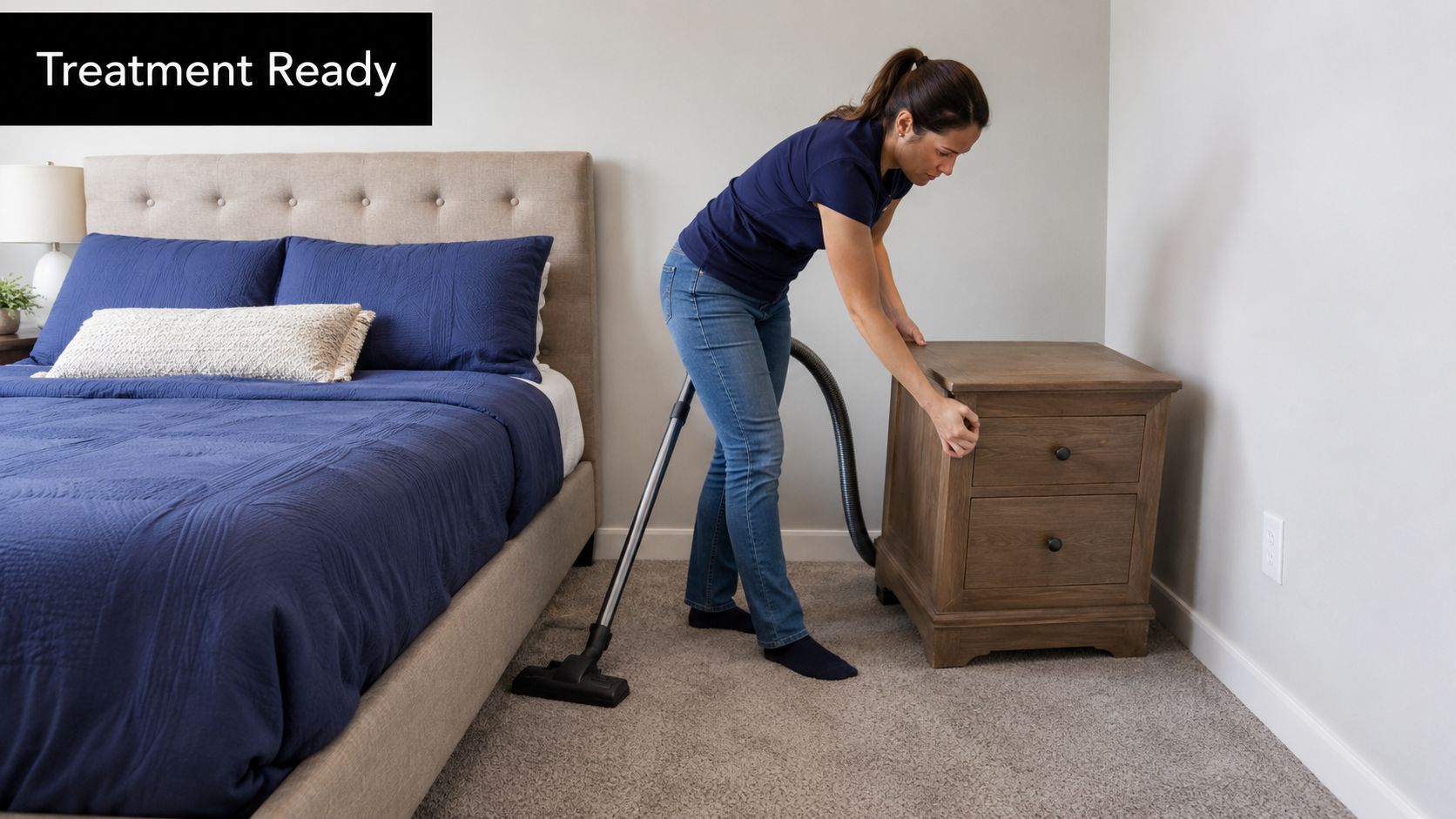 A professional cleaner uses a vacuum to clean the area around a wooden nightstand for bed bug treatment.
