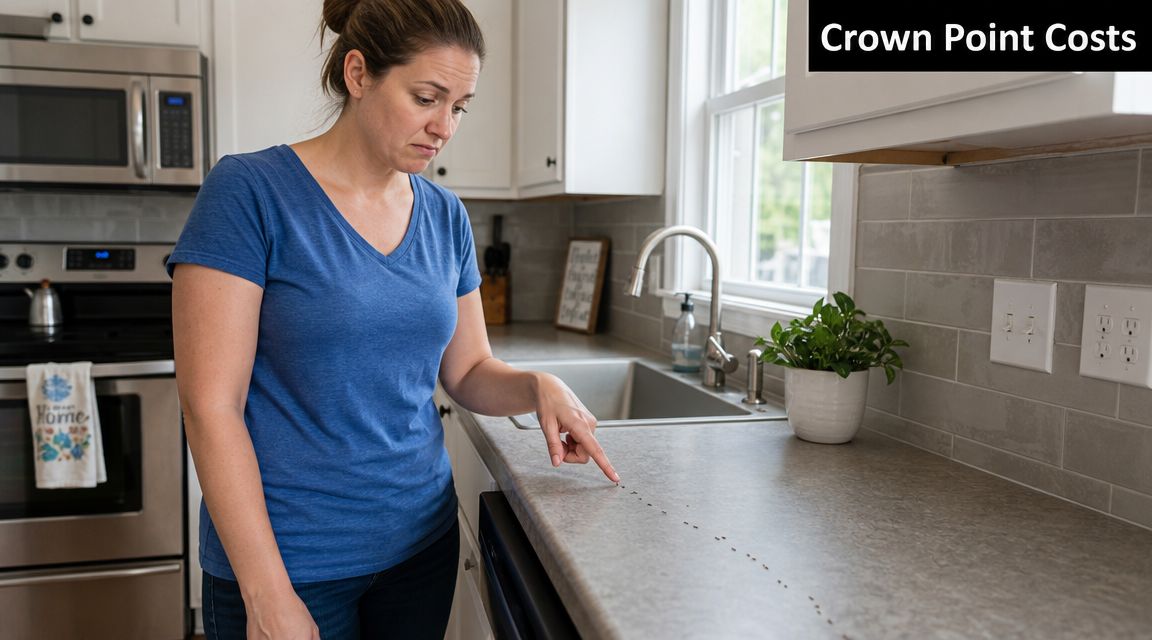 A concerned woman points to a line of ants crawling across a kitchen countertop.
