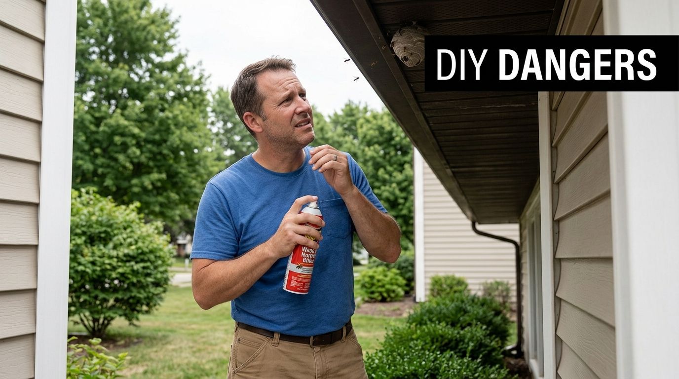 A concerned man holds a spray can while preparing to treat a hornet nest under a house roof.