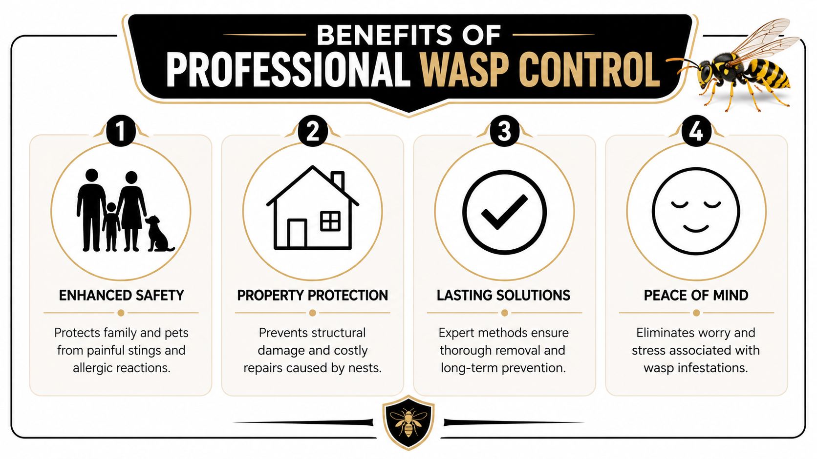 An infographic detailing four key benefits of hiring professional services for effective wasp nest removal and control.
