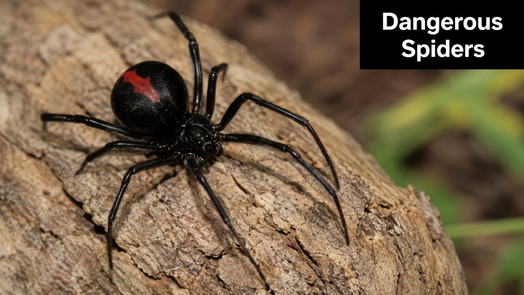 A close-up view of a shiny black spider with a distinct red stripe resting on textured bark.