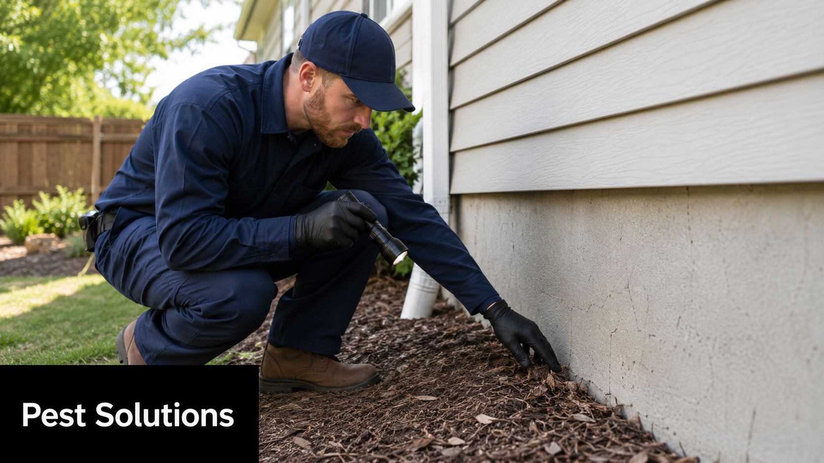 A professional pest control technician inspects the foundation of a house for signs of infestation.