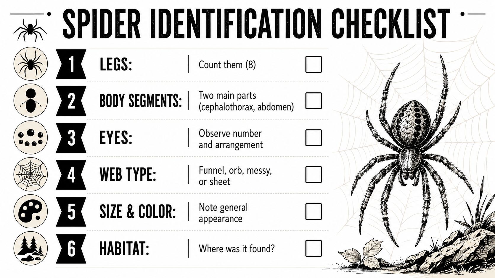 A spider identification checklist infographic with six criteria including legs, body segments, eyes, web type, size, color, and habitat.