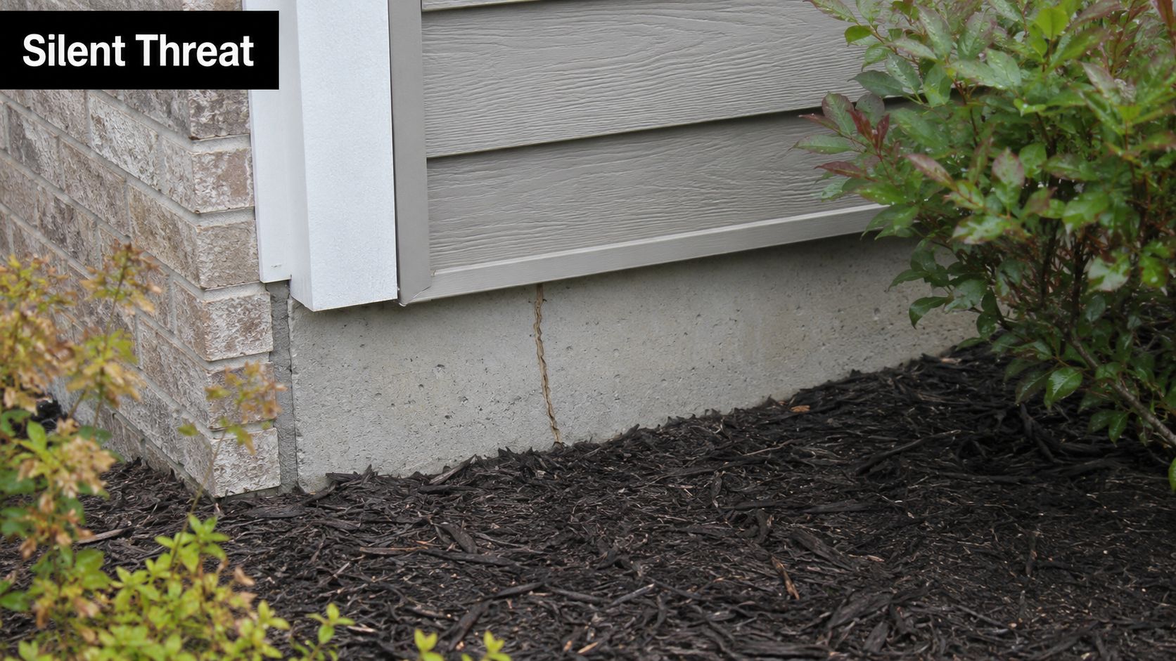 A vertical crack in the concrete foundation of a house exterior located near landscaping mulch and bushes.