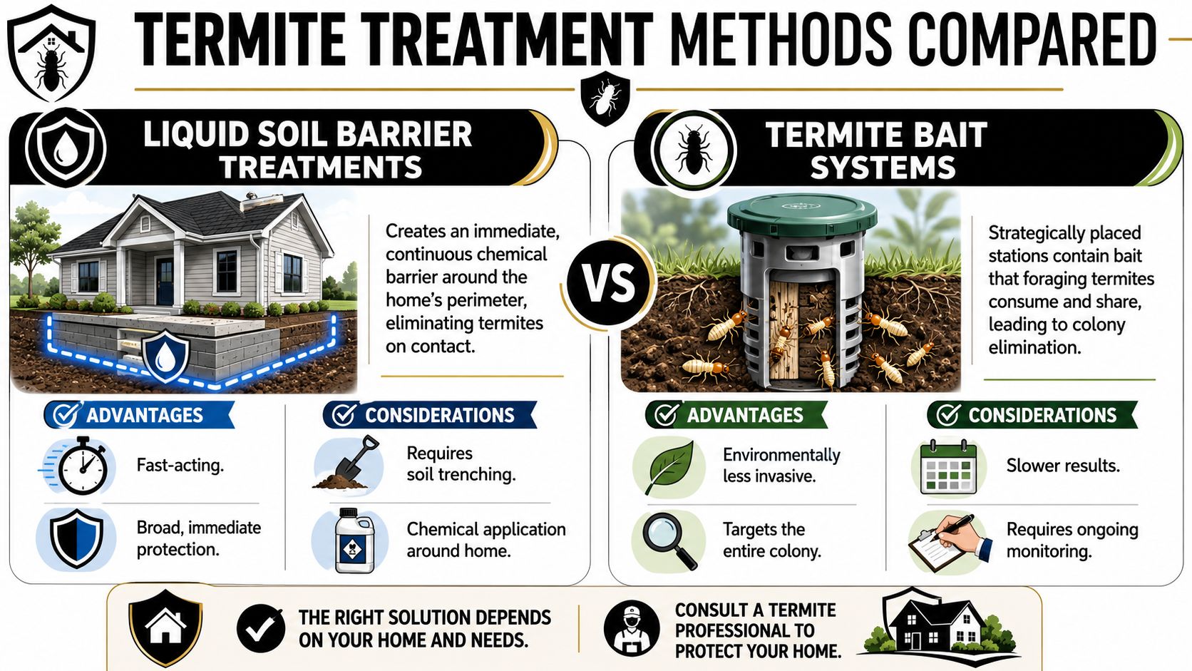 A comparison infographic showing the pros and cons of liquid soil barrier versus termite bait systems.
