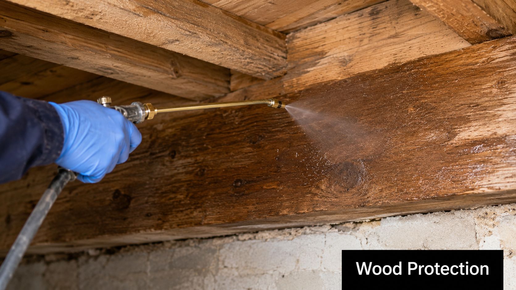 A professional in blue gloves spraying protective liquid on a wooden beam for pest control.