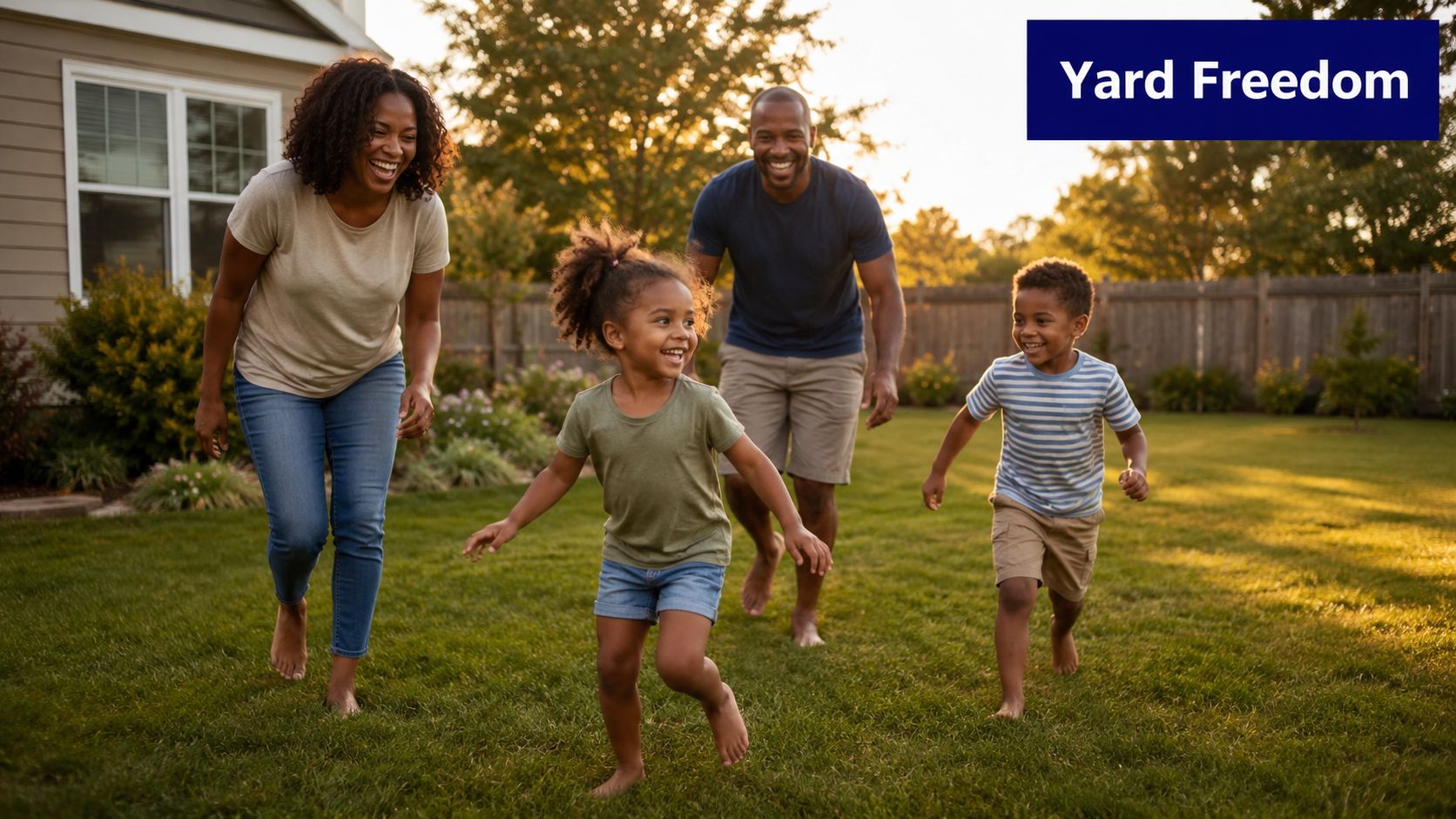 A happy family running barefoot and playing together on a green grassy lawn in their backyard.