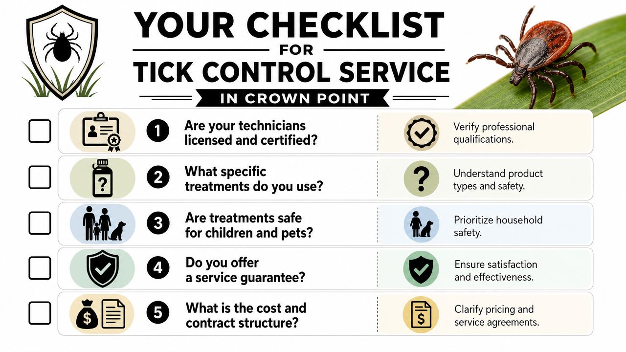 A checklist for selecting tick control services in Crown Point, featuring five key questions for homeowners.