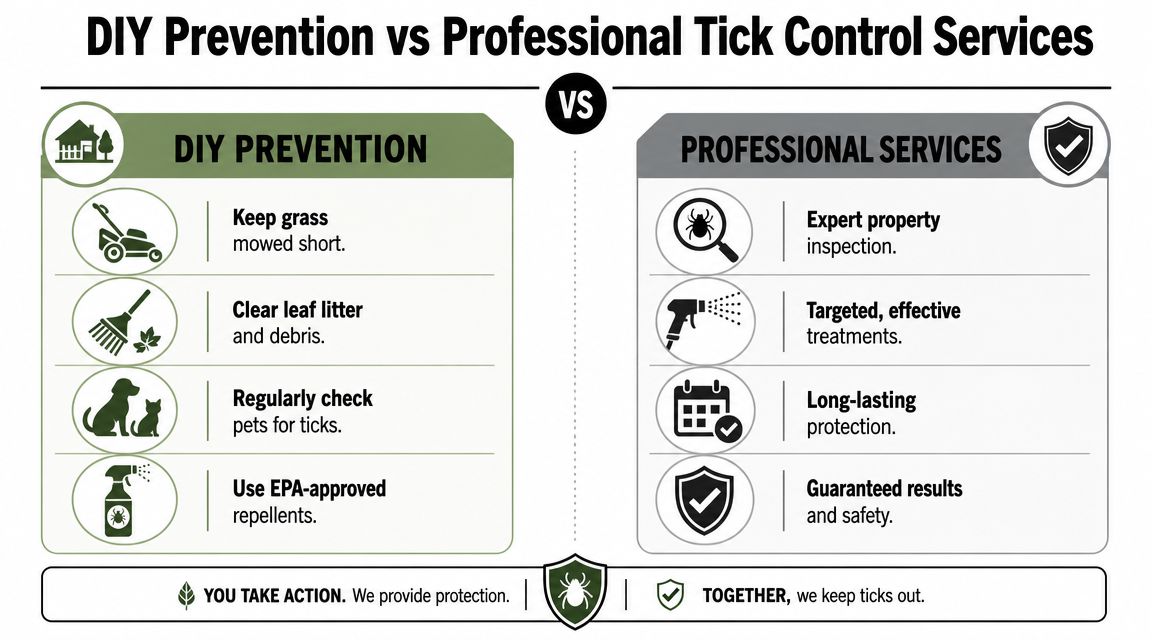 A comparison chart showing DIY tick prevention methods versus professional tick control services for home landscapes.