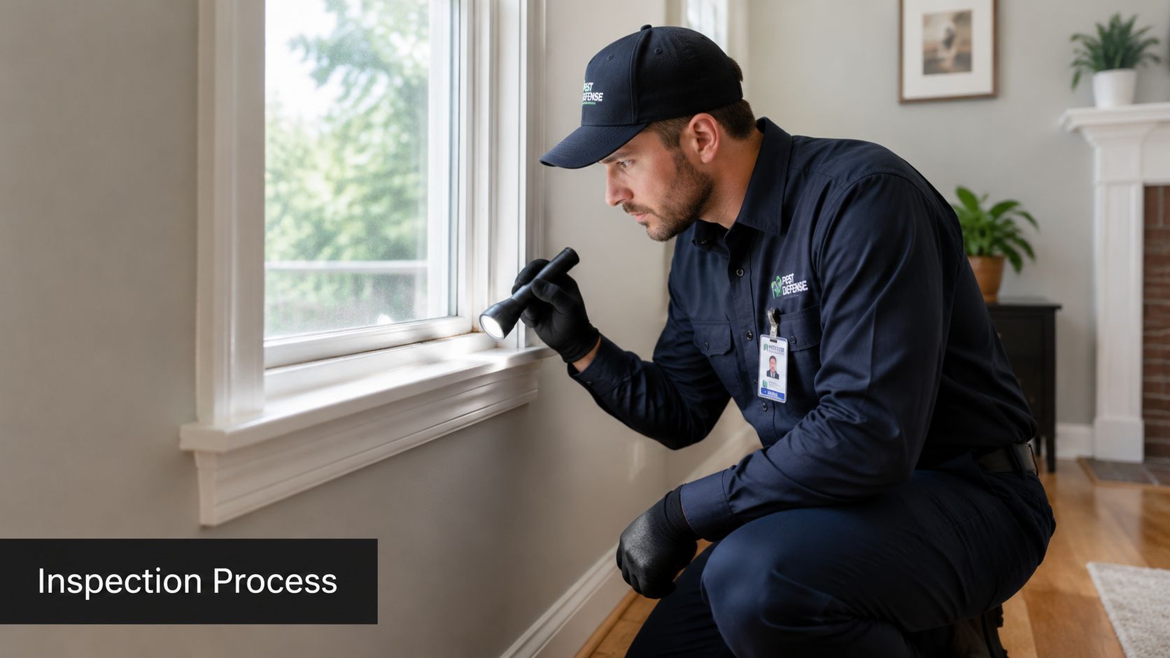 A professional pest control technician wearing gloves and a uniform inspecting a window frame with a flashlight.