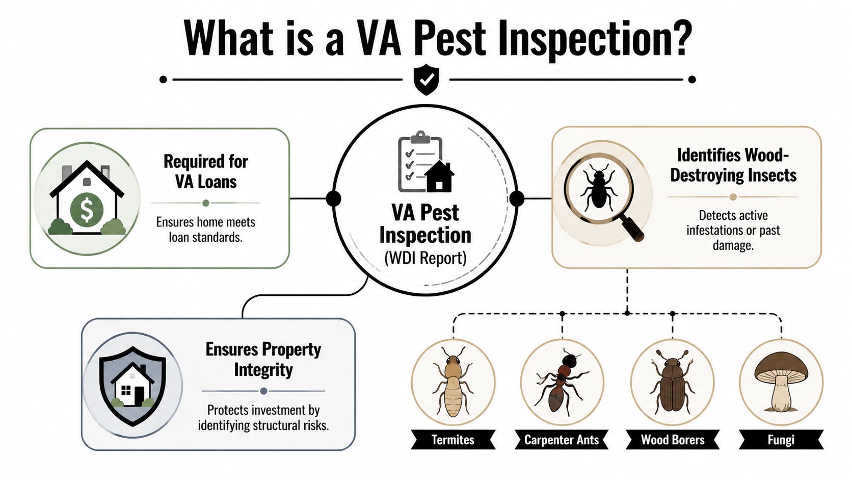 An infographic explaining the purpose of a VA pest inspection for home loans and wood-destroying organisms.