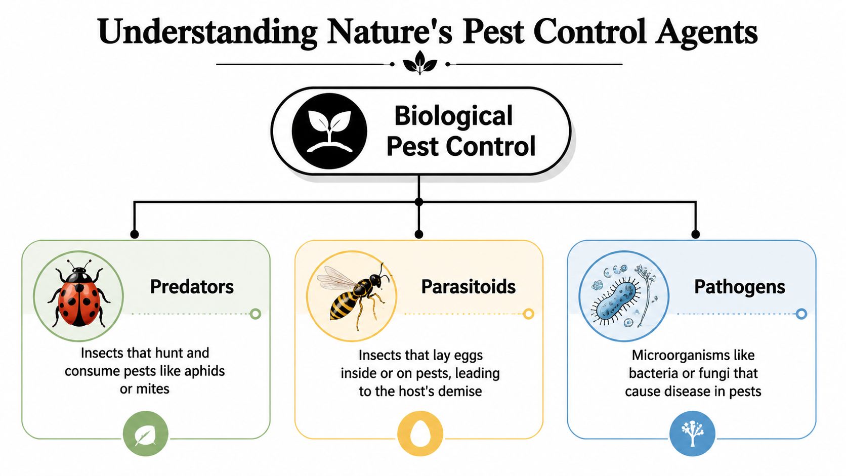 A diagram explaining biological pest control by categorizing agents into predators, parasitoids, and pathogens with descriptions.