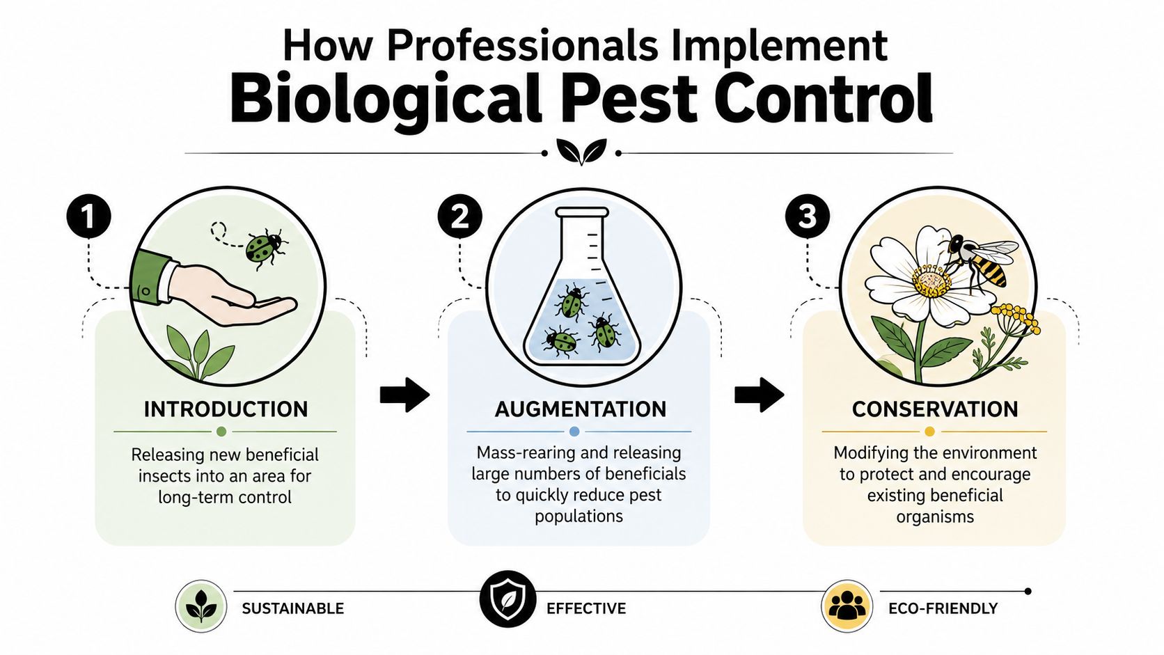 A diagram illustrating three methods of biological pest control: introduction, augmentation, and conservation of beneficial insects.