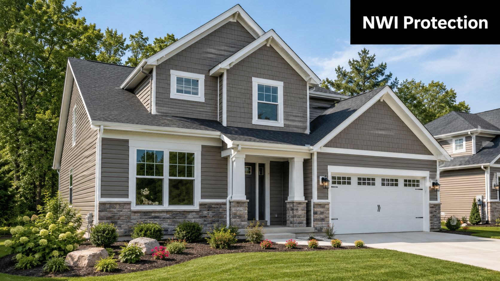 A beautiful grey suburban home with a stone foundation, a two-car garage, and manicured front lawn landscaping.