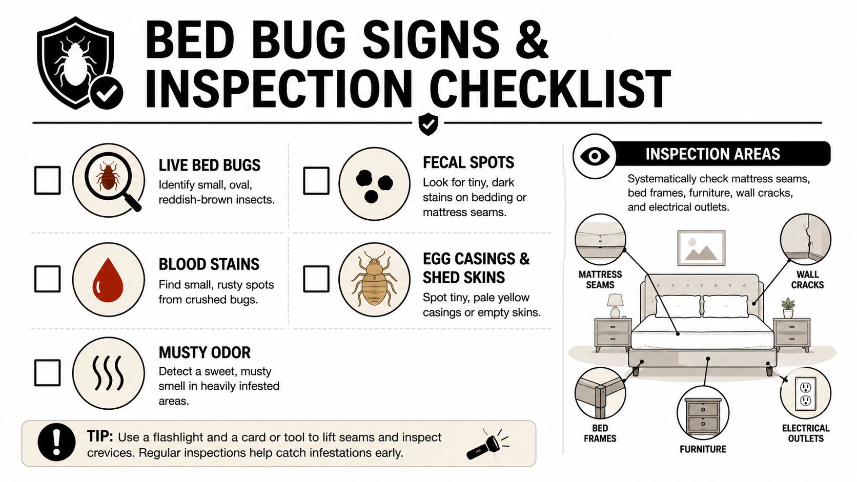 An infographic checklist showing signs of bed bugs and common inspection areas in a bedroom.
