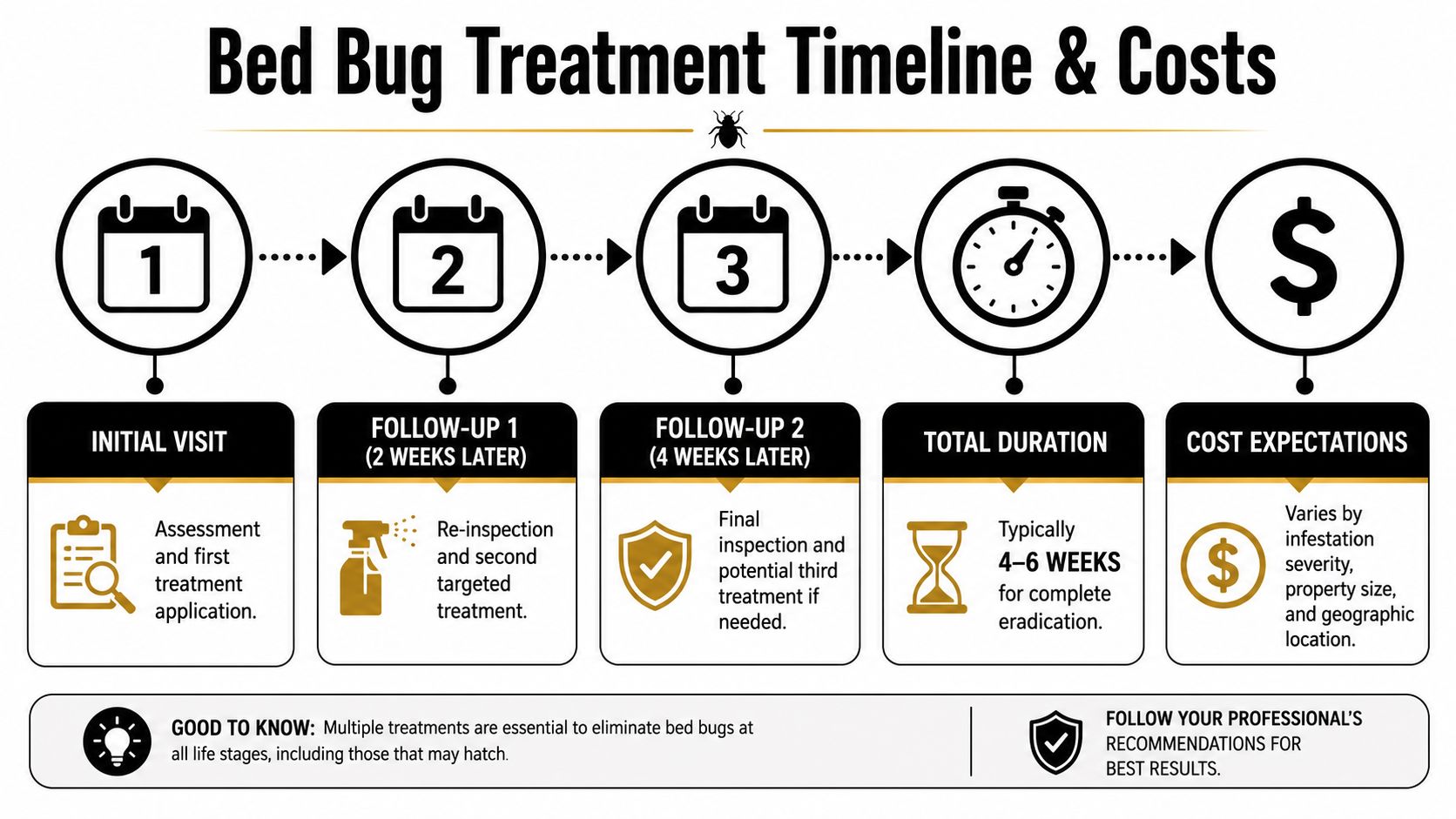 A professional infographic showing the step-by-step timeline and typical cost considerations for bed bug pest control treatment.