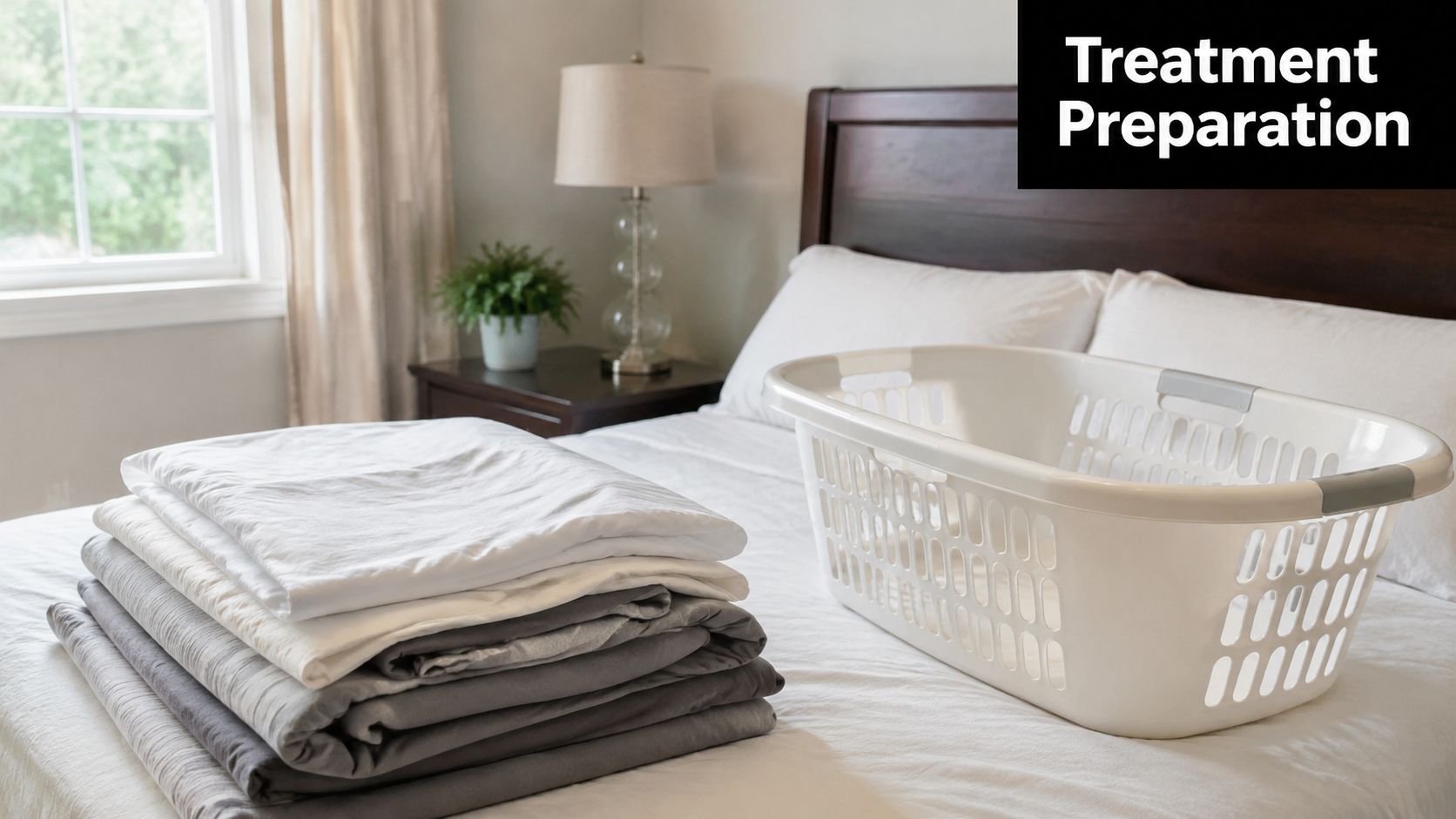 A neatly stacked pile of bedding and a laundry basket sitting on a bed prepared for treatment.