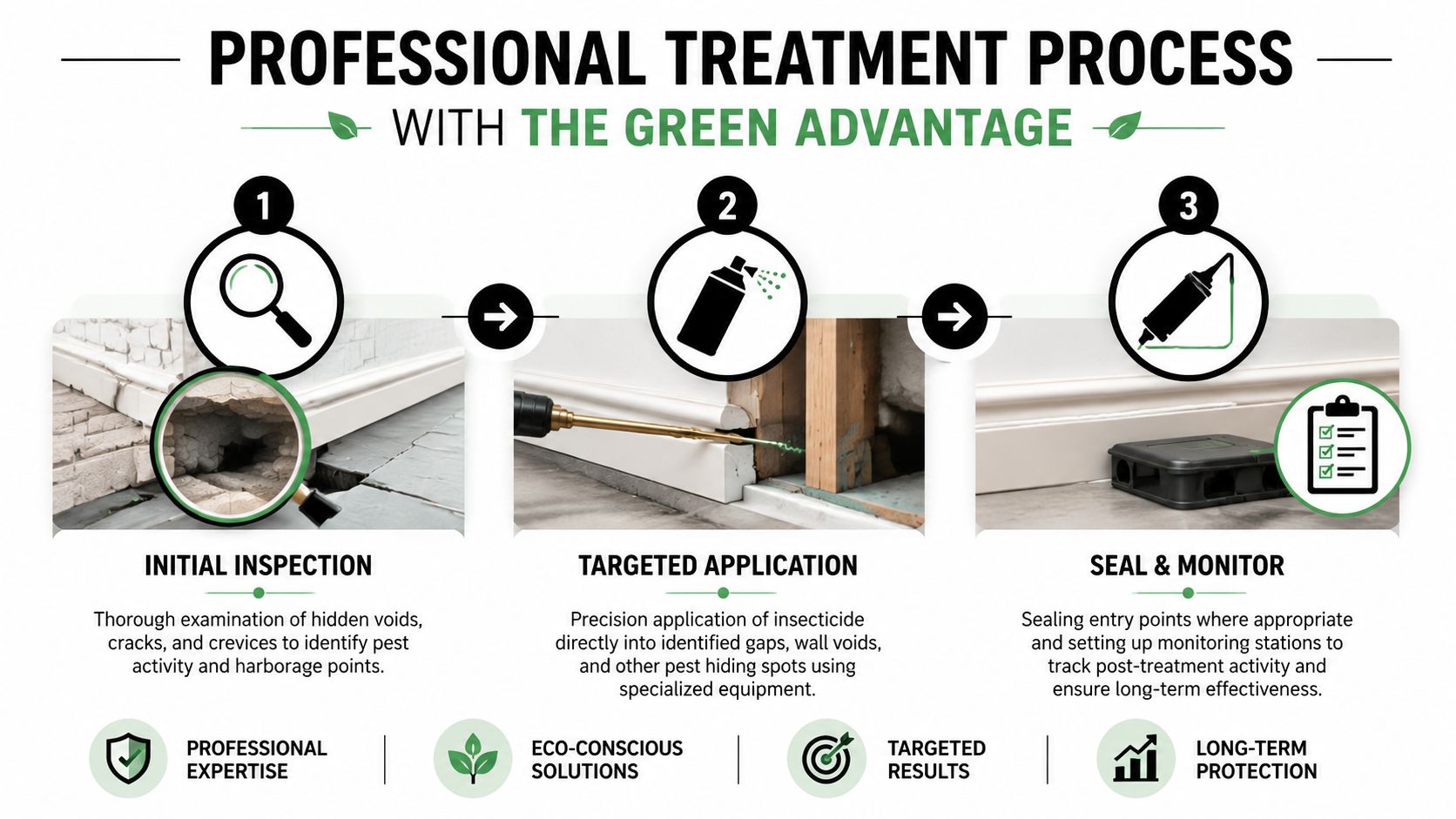 A three-step professional pest control process featuring inspection, targeted application, and sealing monitoring for long-term home protection.