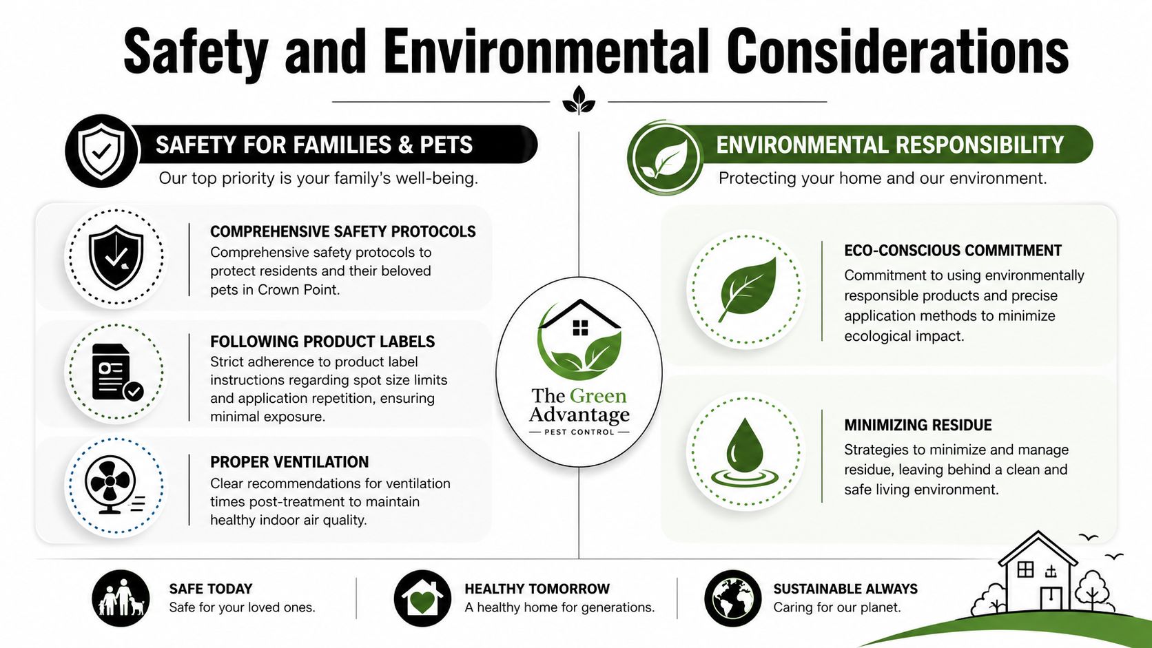 An infographic detailing safety protocols and environmental responsibilities for residential pest control services.