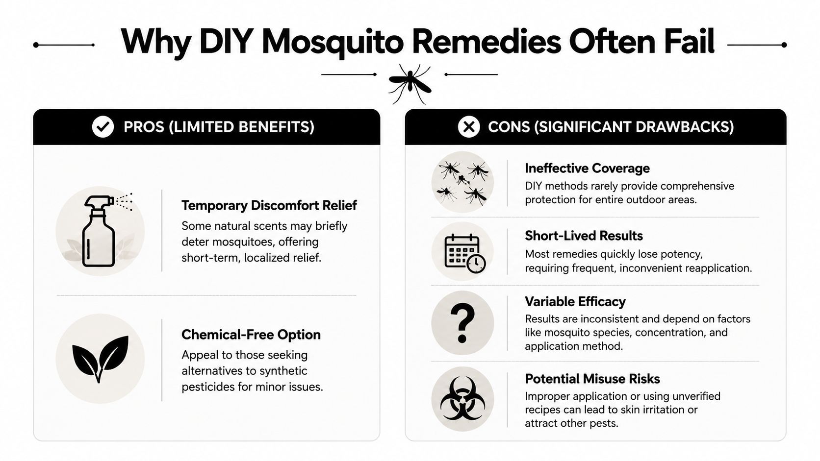 An infographic titled Why DIY Mosquito Remedies Often Fail, comparing pros and cons of natural repellents.