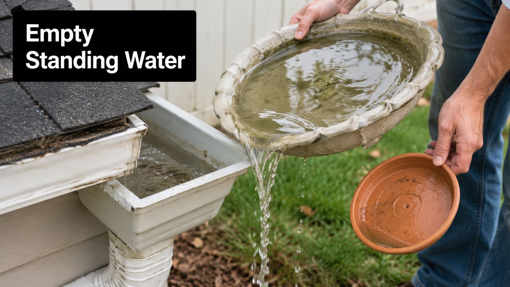 A person dumping stagnant water from a bird bath and plant saucer to prevent mosquito breeding.