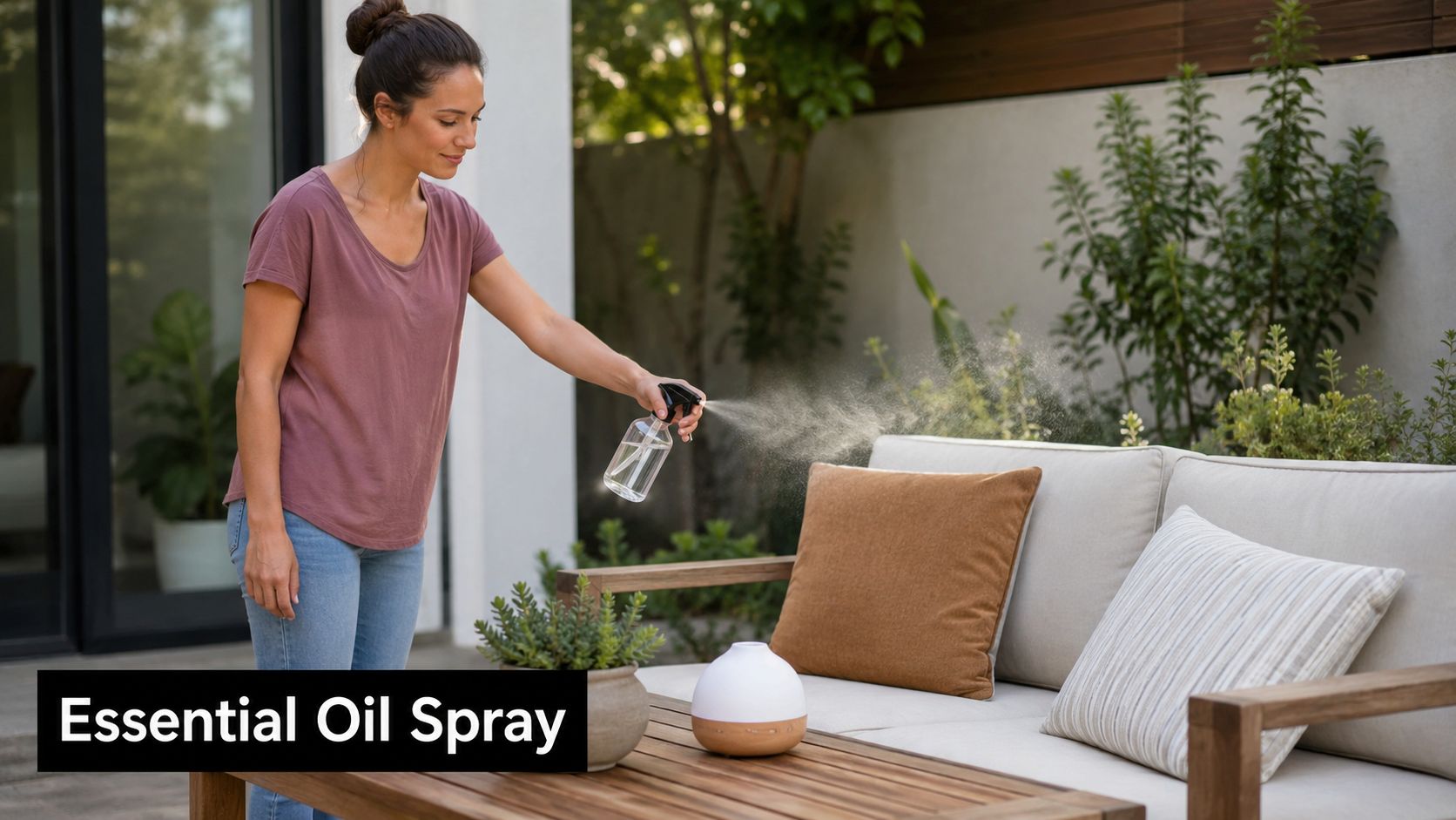A woman spraying a natural essential oil blend near outdoor patio furniture to repel insects.
