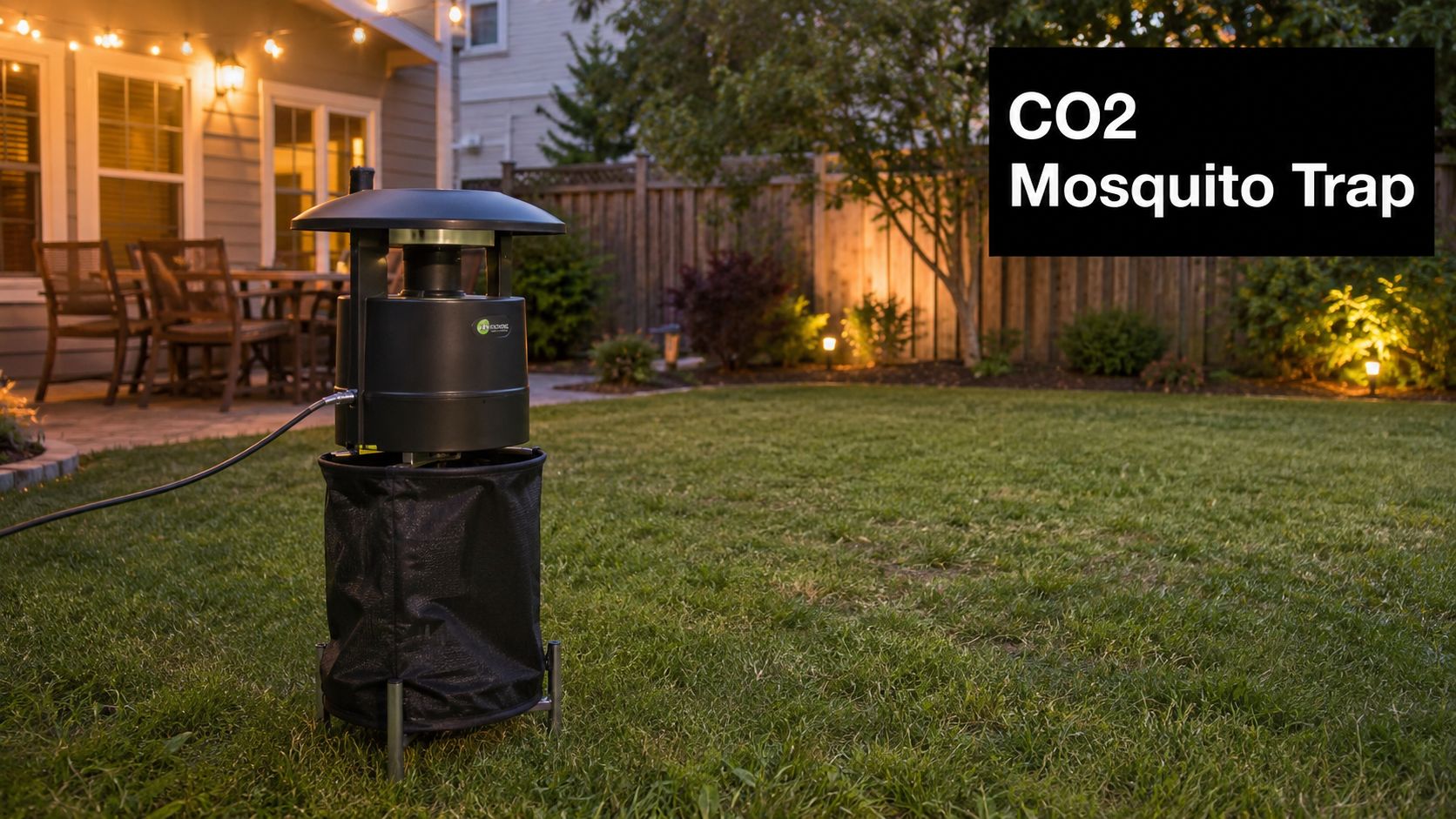 A black CO2 mosquito trap standing on a green lawn in a backyard during the evening.